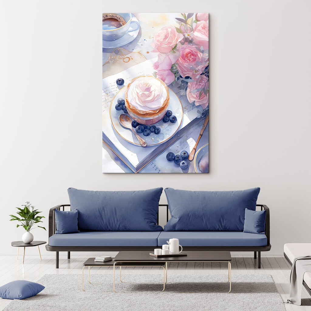 Watercolor painting of a dessert with a rose on top of a plate with blueberries and a spoon Watercolor painting of a dessert with a rose on top of a plate with blueberries and a spoon