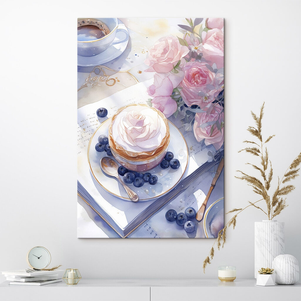 Watercolor painting of a dessert with a rose on top of a plate with blueberries and a spoon Watercolor painting of a dessert with a rose on top of a plate with blueberries and a spoon