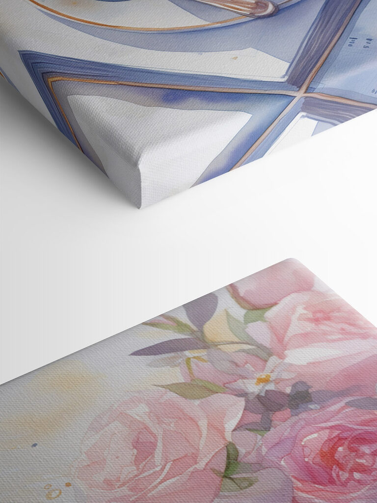 Watercolor painting of a dessert with a rose on top of a plate with blueberries and a spoon Watercolor painting of a dessert with a rose on top of a plate with blueberries and a spoon