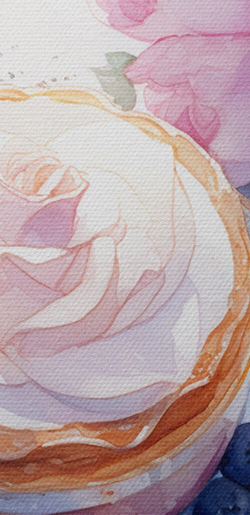 Watercolor painting of a dessert with a rose on top of a plate with blueberries and a spoon Watercolor painting of a dessert with a rose on top of a plate with blueberries and a spoon