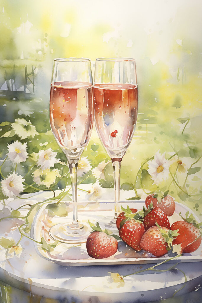 Watercolor painting of two glasses of champagne and strawberries on a tray Watercolor painting of two glasses of champagne and strawberries on a tray