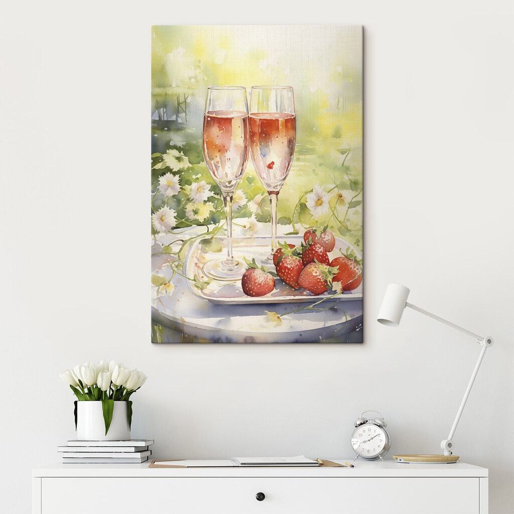 Watercolor painting of two glasses of champagne and strawberries on a tray Watercolor painting of two glasses of champagne and strawberries on a tray