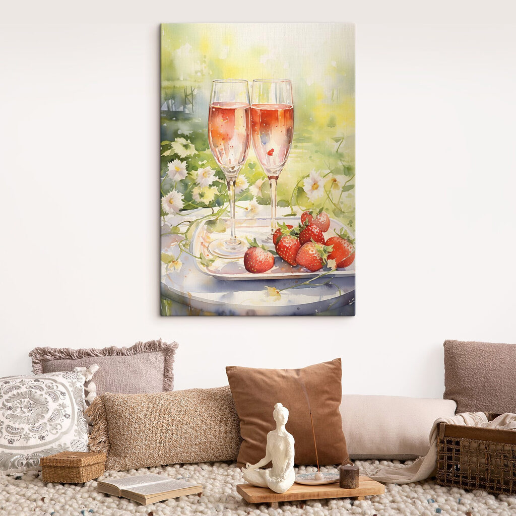 Watercolor painting of two glasses of champagne and strawberries on a tray Watercolor painting of two glasses of champagne and strawberries on a tray