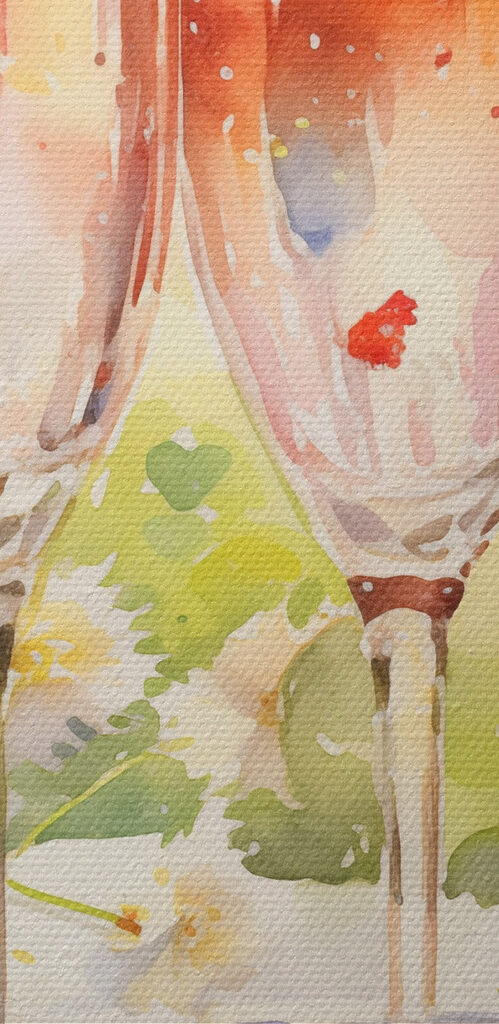 Watercolor painting of two glasses of champagne and strawberries on a tray Watercolor painting of two glasses of champagne and strawberries on a tray