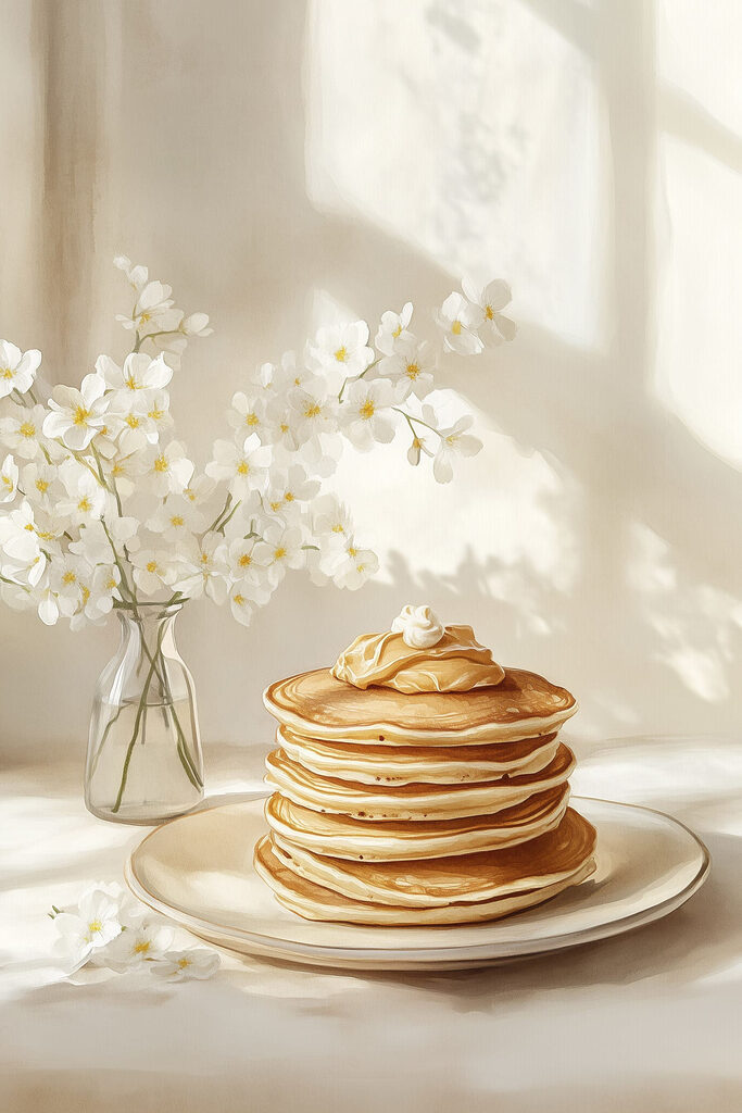 Stack of pancakes on a plate next to a vase of flowers Stack of pancakes on a plate next to a vase of flowers