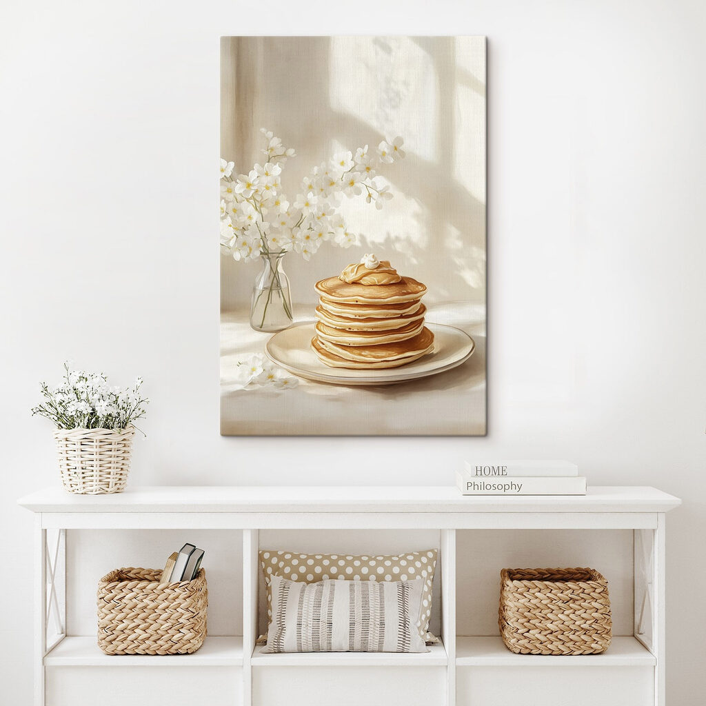 Stack of pancakes on a plate next to a vase of flowers Stack of pancakes on a plate next to a vase of flowers
