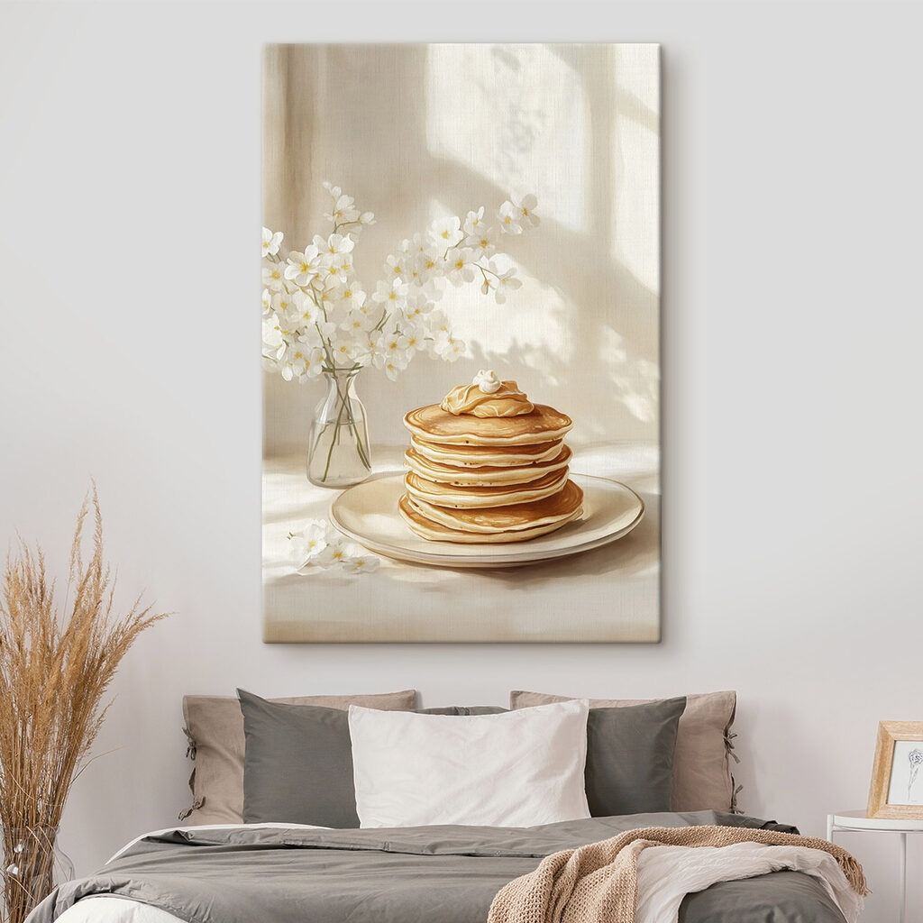 Stack of pancakes on a plate next to a vase of flowers Stack of pancakes on a plate next to a vase of flowers