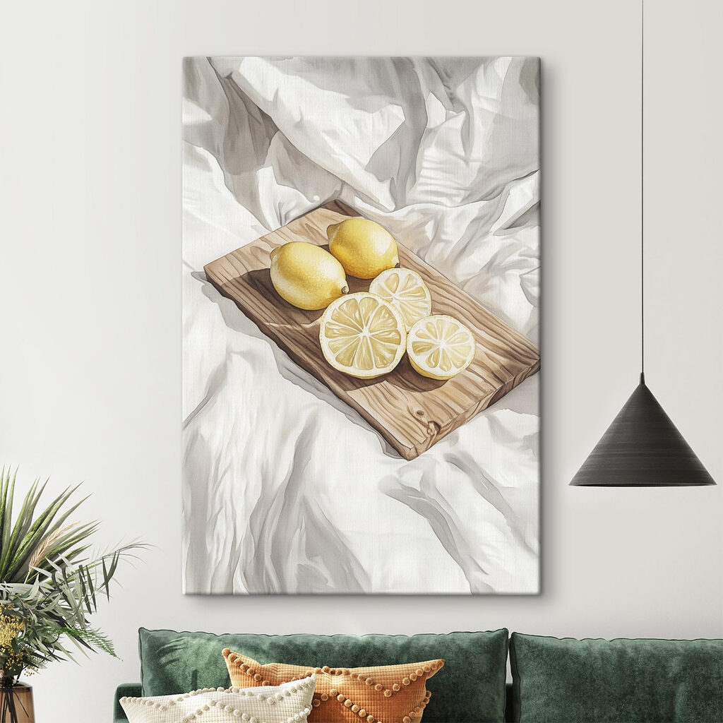 Lemons and slices on a wooden board