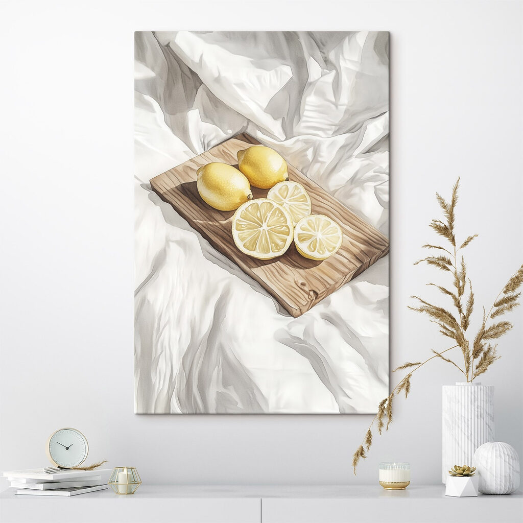Lemons and slices on a wooden board