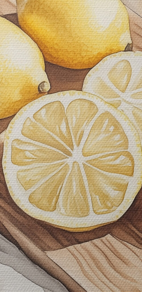 Lemons and slices on a wooden board
