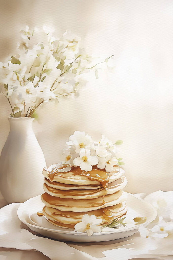 Stack of pancakes with flowers on top Stack of pancakes with flowers on top