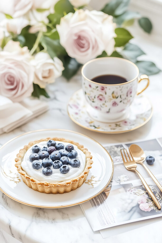 Dessert on a plate with a cup of coffee and flowers Dessert on a plate with a cup of coffee and flowers