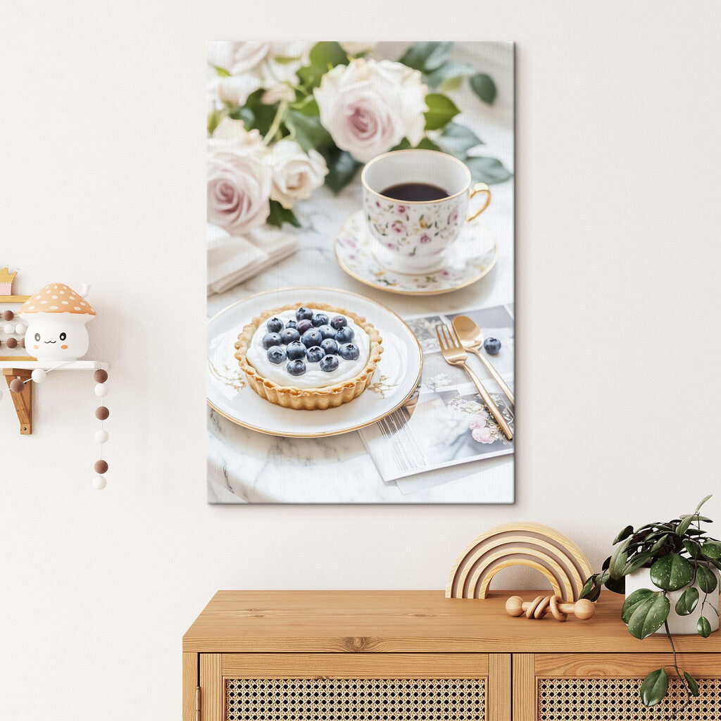 Dessert on a plate with a cup of coffee and flowers Dessert on a plate with a cup of coffee and flowers