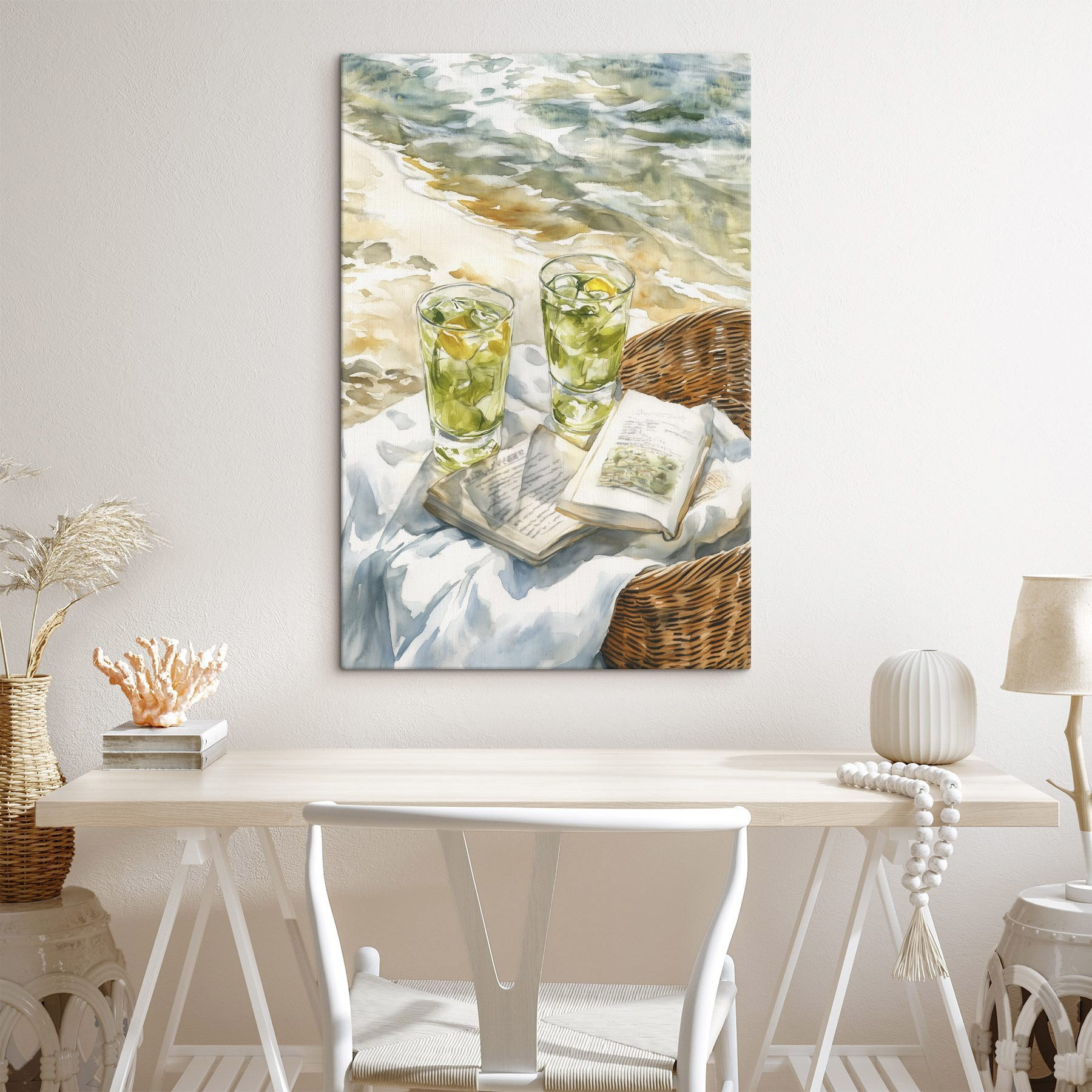Watercolor painting of two glasses of ice tea and a book on a blanket on a beach Watercolor painting of two glasses of ice tea and a book on a blanket on a beach