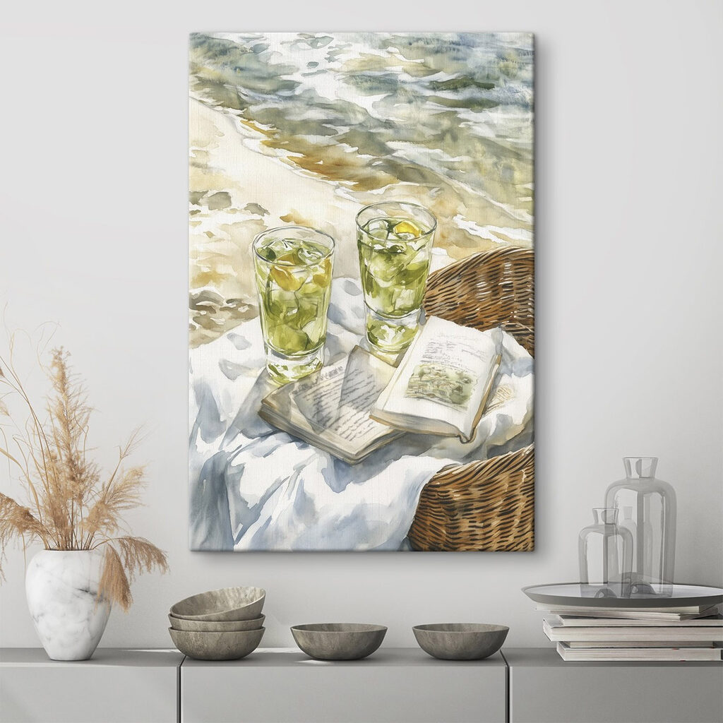 Watercolor painting of two glasses of ice tea and a book on a blanket on a beach Watercolor painting of two glasses of ice tea and a book on a blanket on a beach