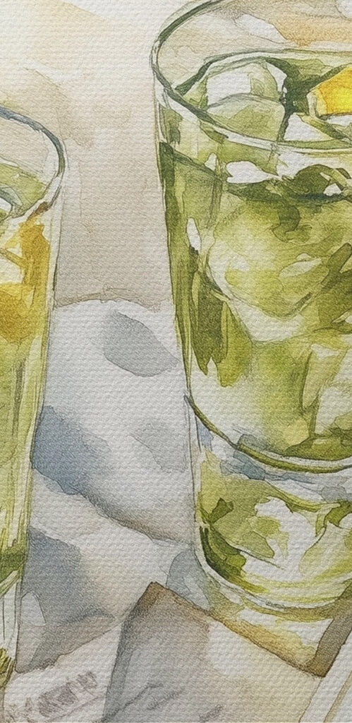 Watercolor painting of two glasses of ice tea and a book on a blanket on a beach Watercolor painting of two glasses of ice tea and a book on a blanket on a beach