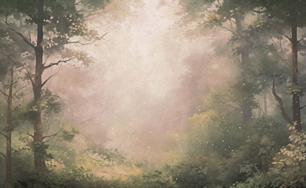 Foggy forest with trees and plants