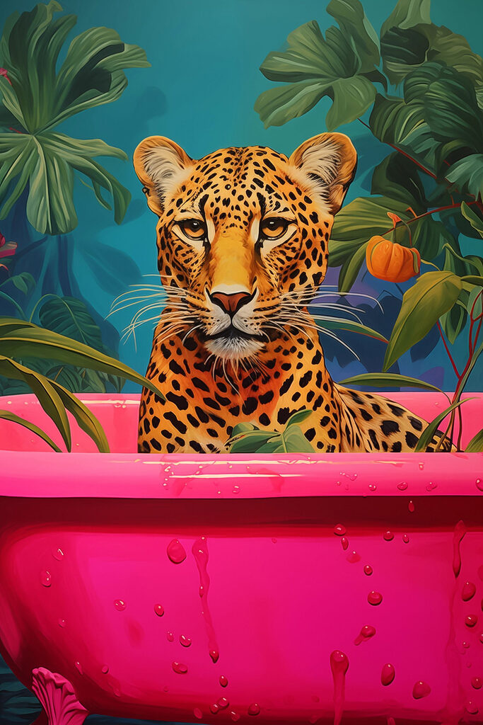 Cheetah in a pink tub with plants Cheetah in a pink tub with plants