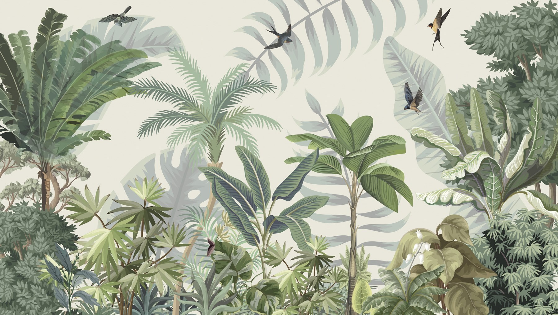 Wallpaper with tropical plants and birds