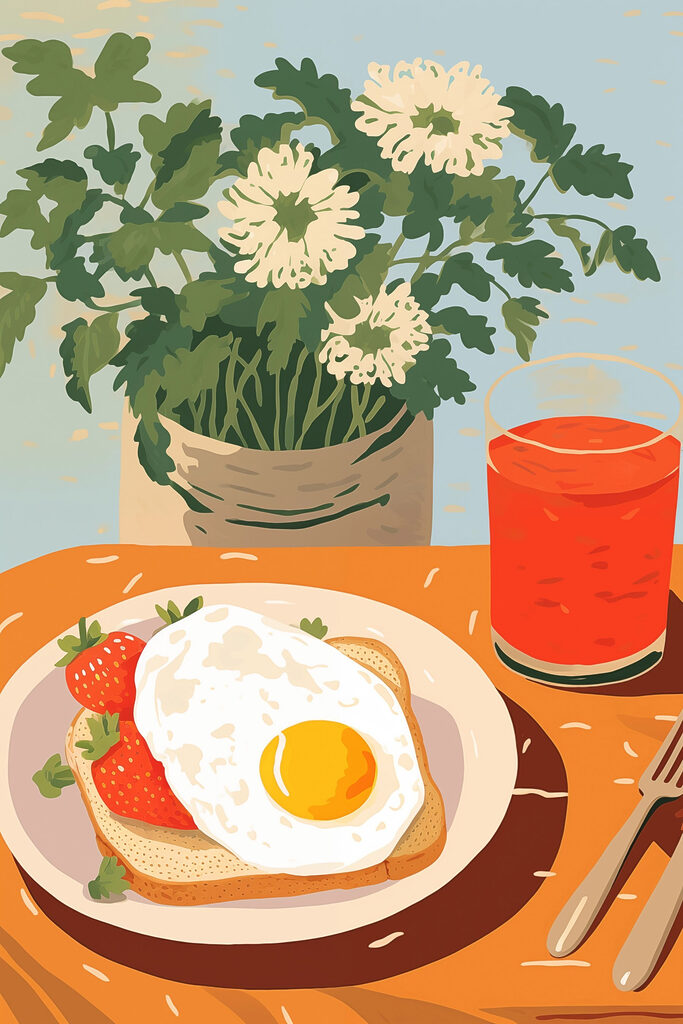 Plate of food with a sunny side up egg and strawberries