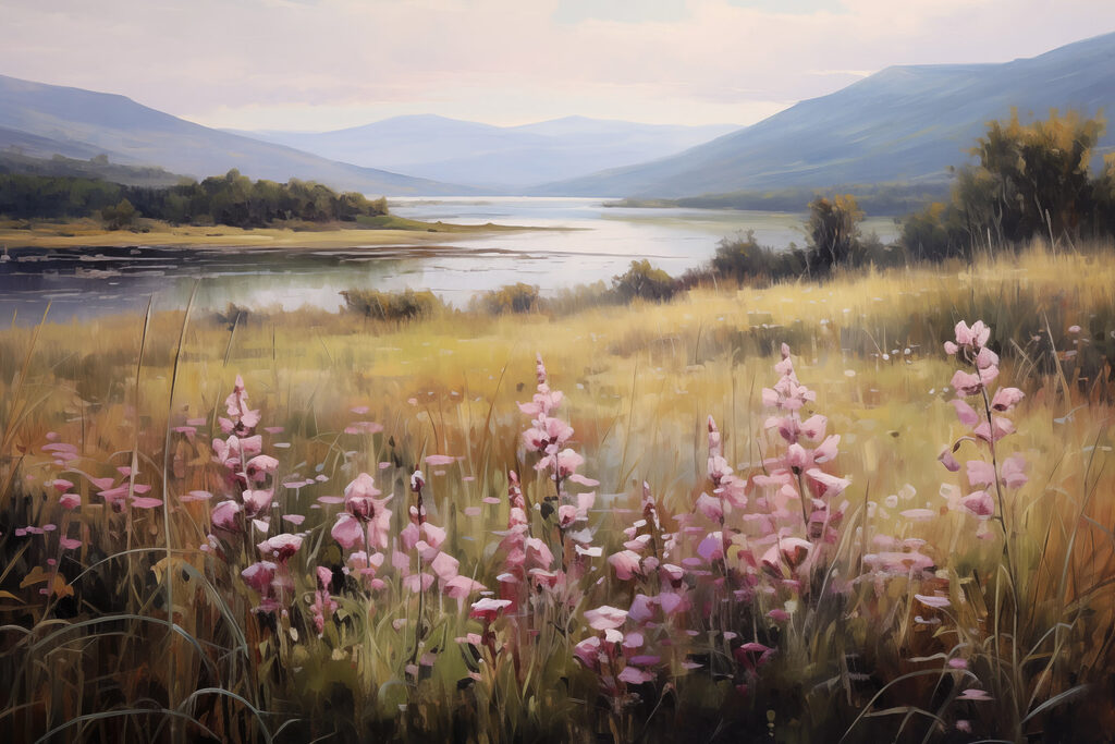 Field of flowers by a lake