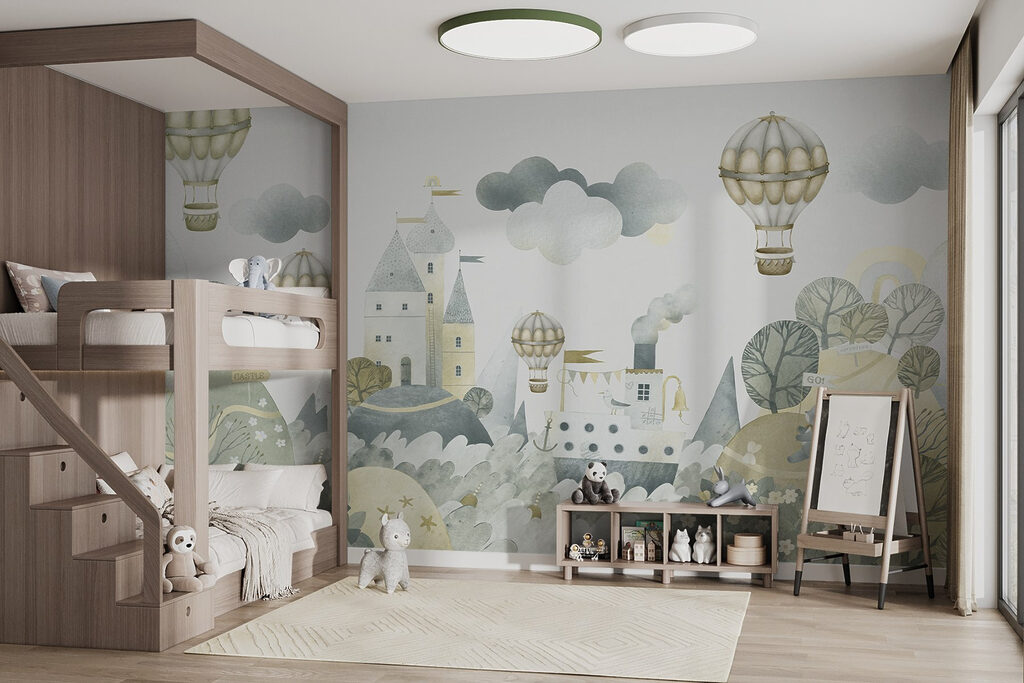 Watercolor painting of a castle and hot air balloons