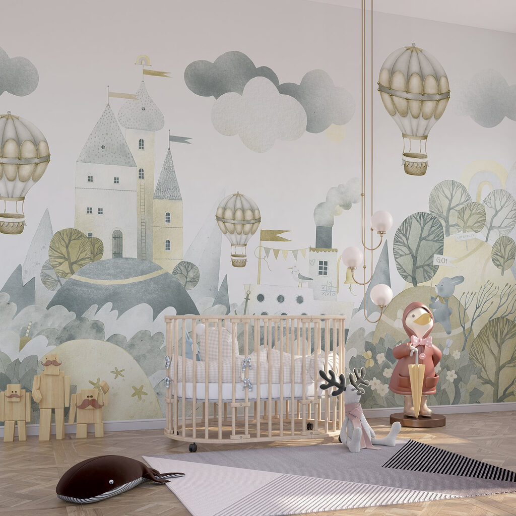 Watercolor painting of a castle and hot air balloons