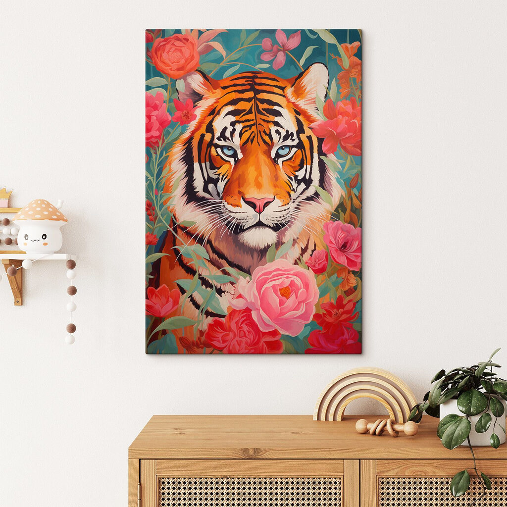 Painting of a tiger surrounded by flowers Painting of a tiger surrounded by flowers