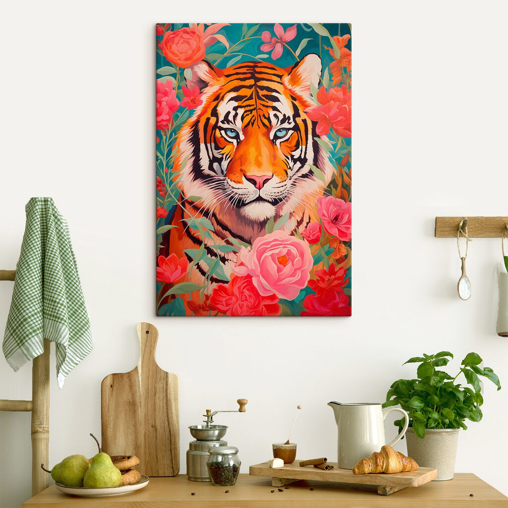 Painting of a tiger surrounded by flowers Painting of a tiger surrounded by flowers
