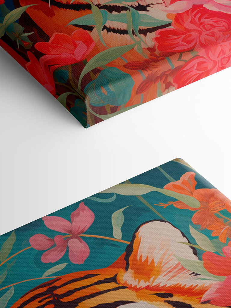 Painting of a tiger surrounded by flowers Painting of a tiger surrounded by flowers