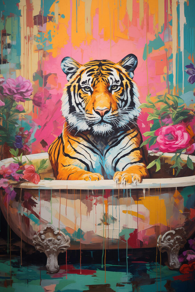Painting of a tiger in a flowered tub