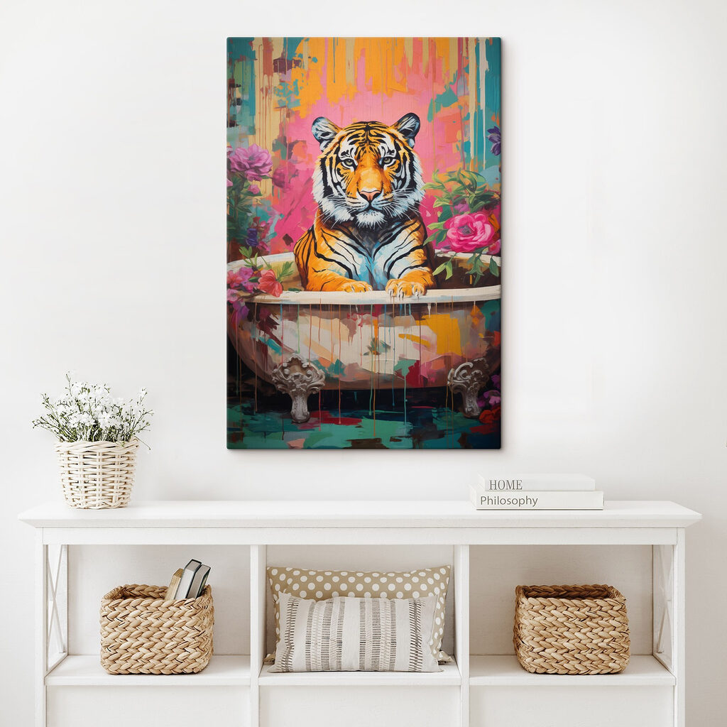 Painting of a tiger in a flowered tub
