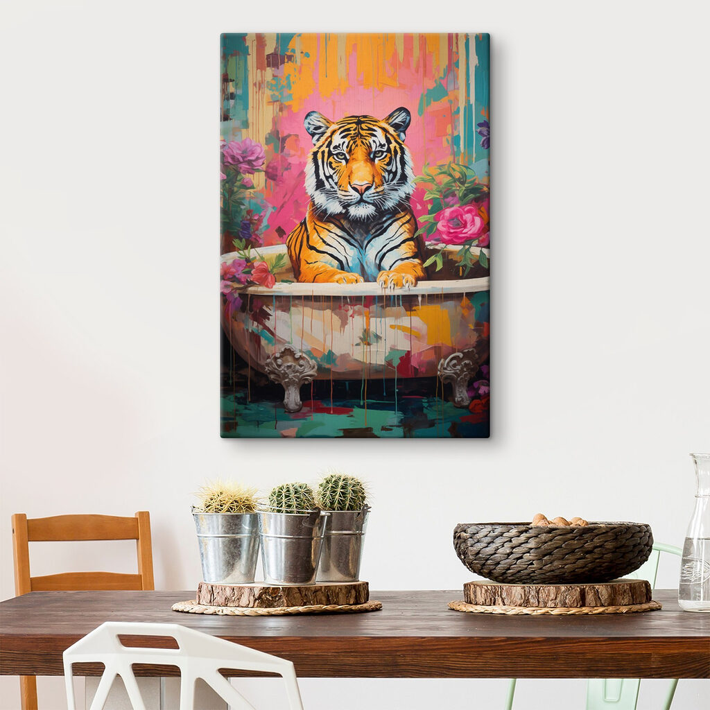 Painting of a tiger in a flowered tub