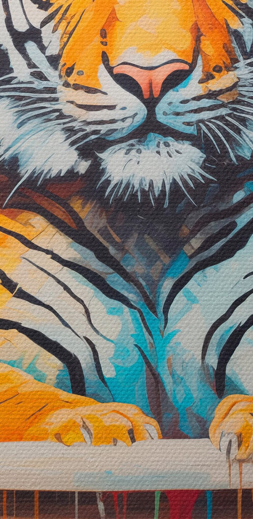 Painting of a tiger in a flowered tub