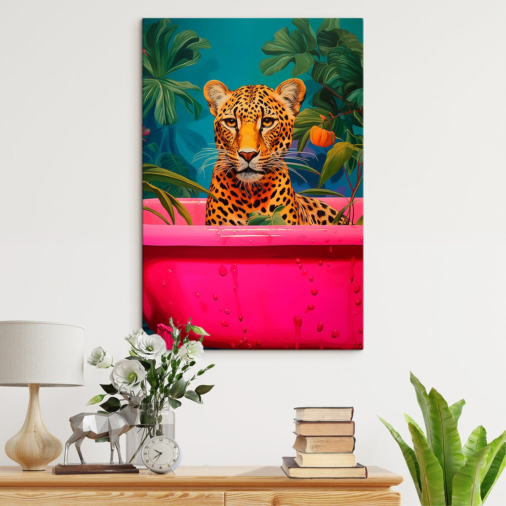 Cheetah in a pink tub with plants Cheetah in a pink tub with plants