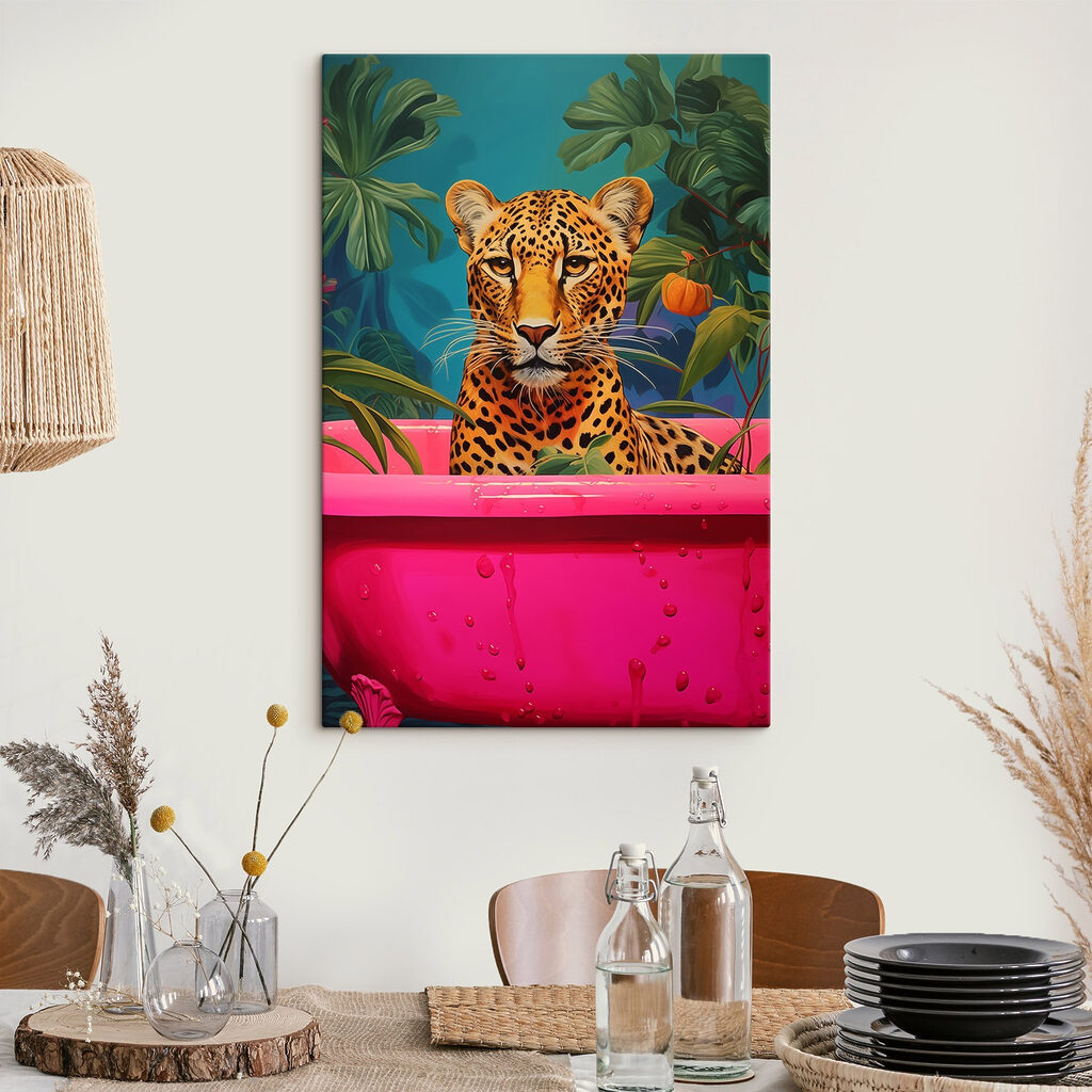 Cheetah in a pink tub with plants Cheetah in a pink tub with plants