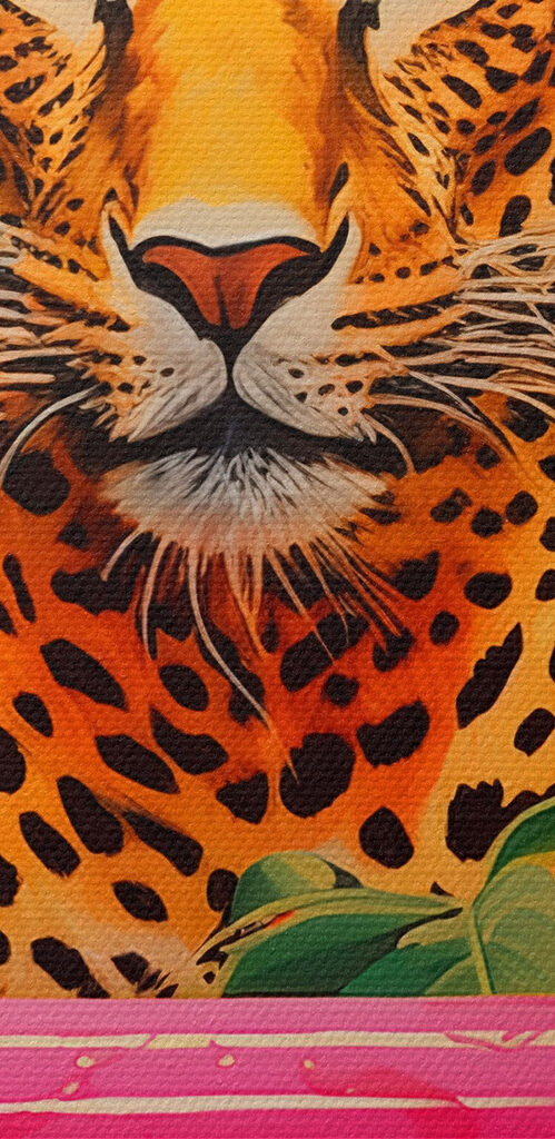 Cheetah in a pink tub with plants Cheetah in a pink tub with plants