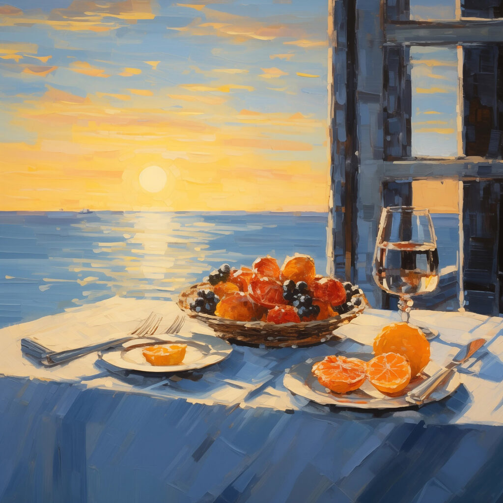 Painting of a basket of fruit on a table with a glass of wine Painting of a basket of fruit on a table with a glass of wine