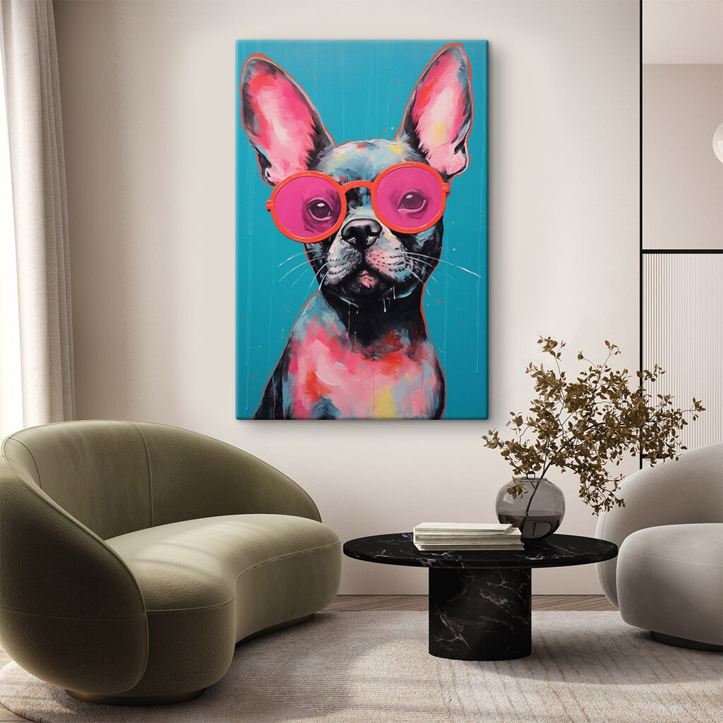 Painting of a dog wearing pink sunglasses Painting of a dog wearing pink sunglasses