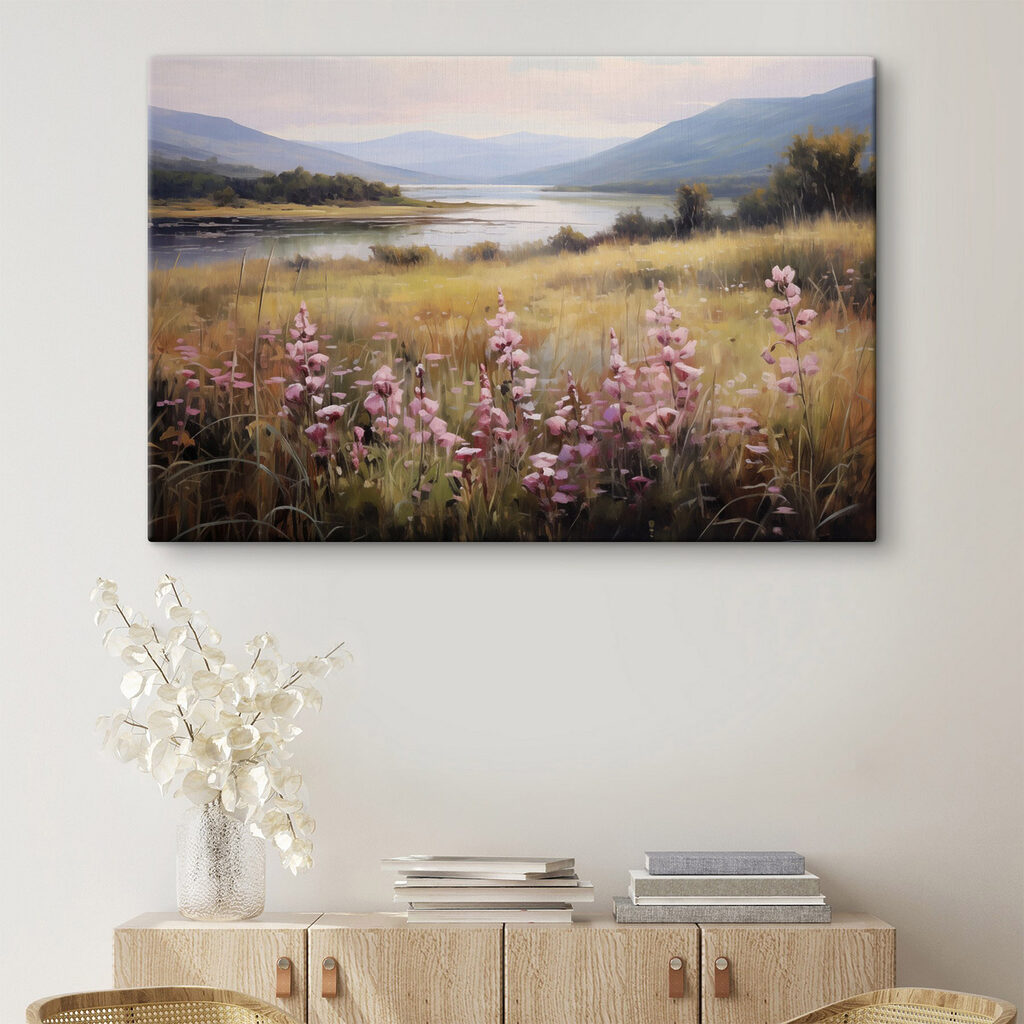 Field of flowers by a lake