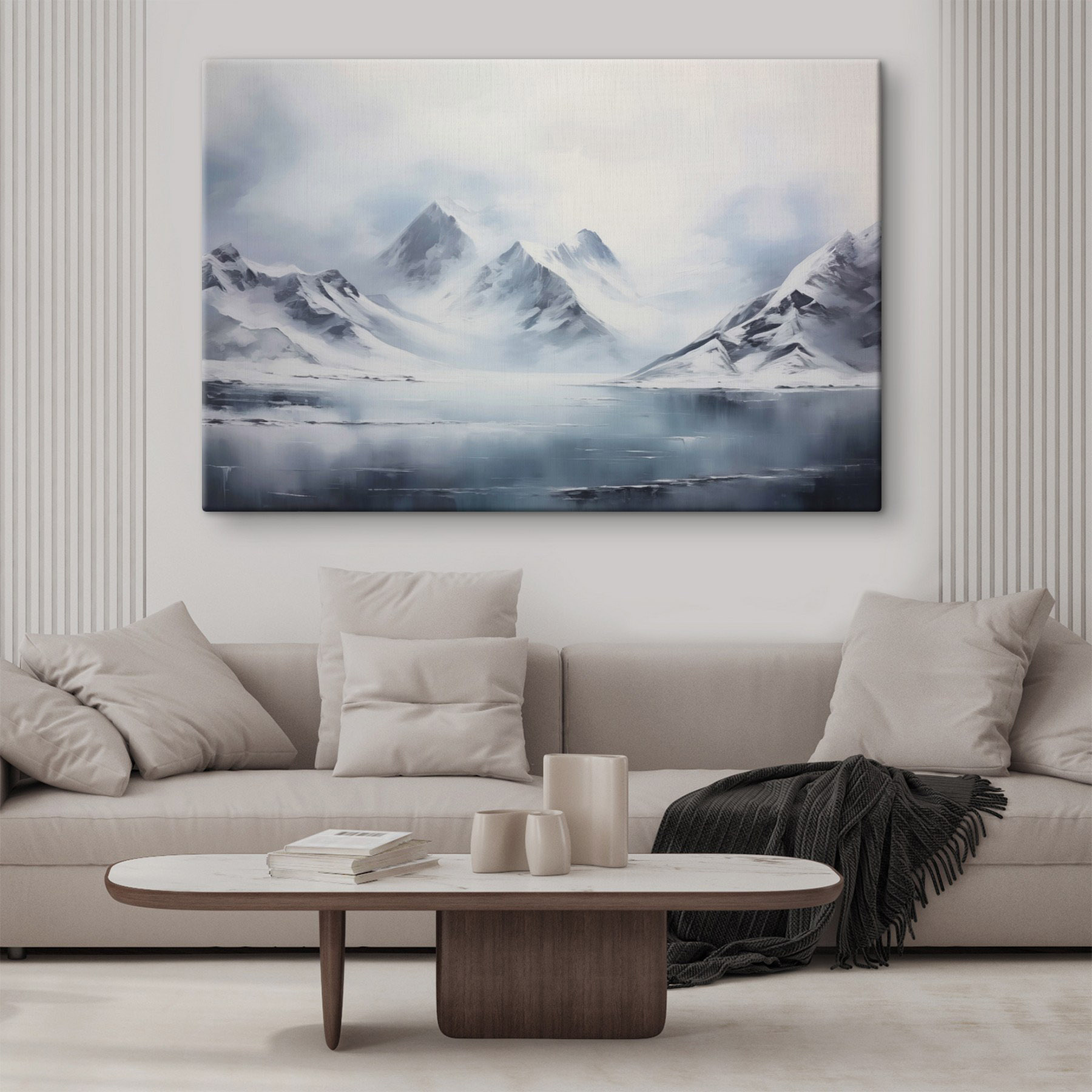 Snowy mountain range and a body of water Snowy mountain range and a body of water