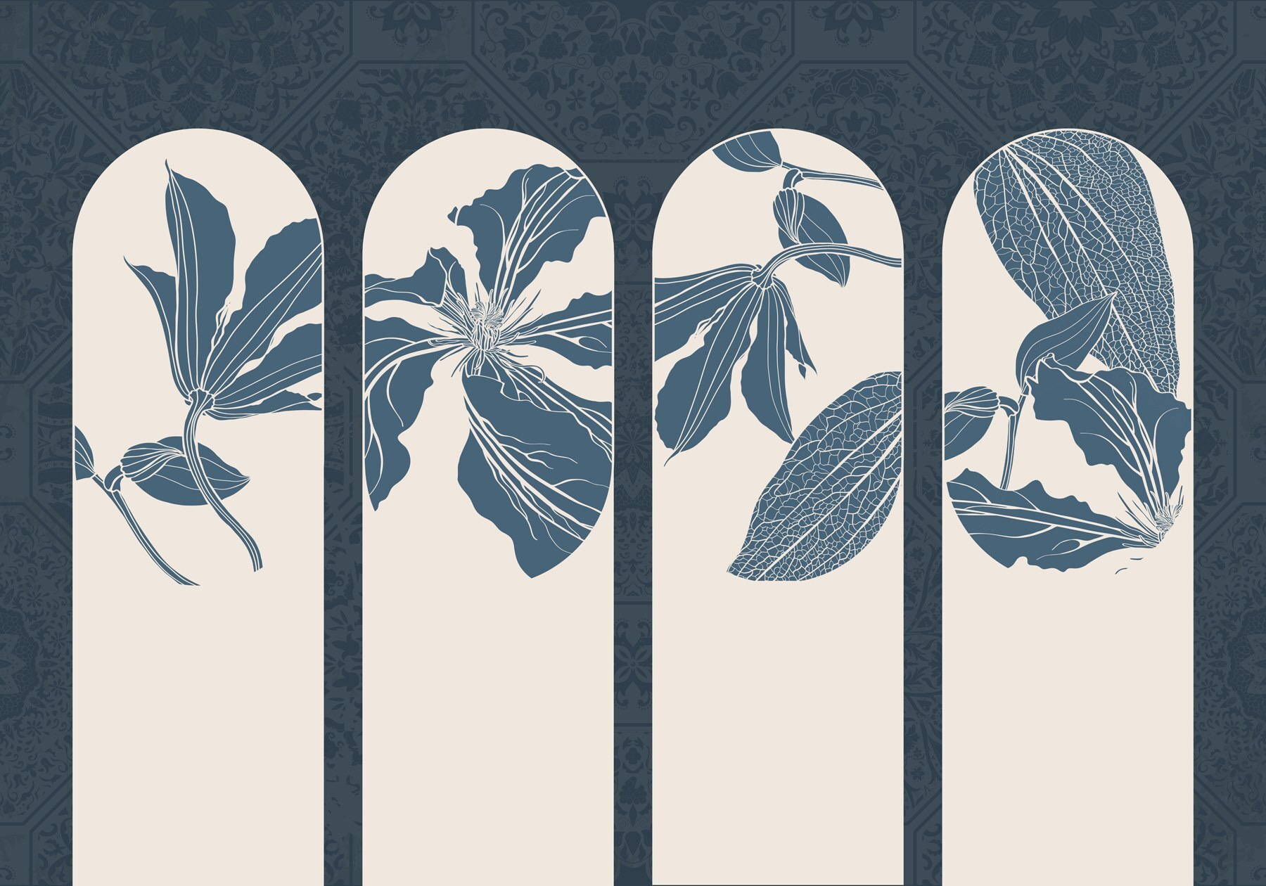 Group of white and blue floral designs