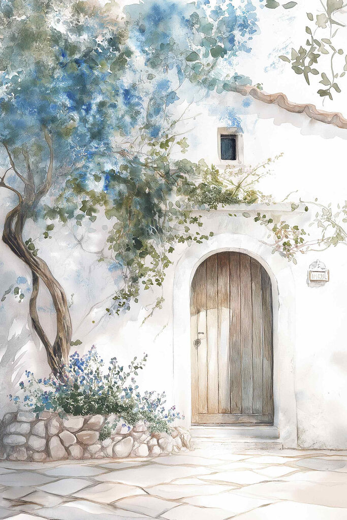 Painting of a door and a tree on a wall