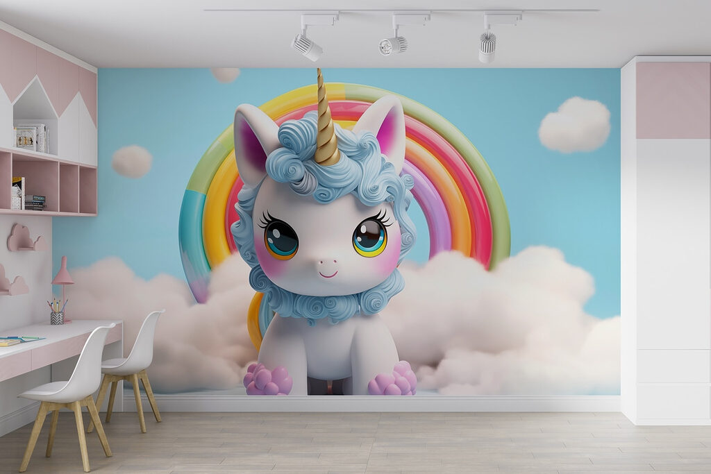 Toy unicorn with a rainbow in the background