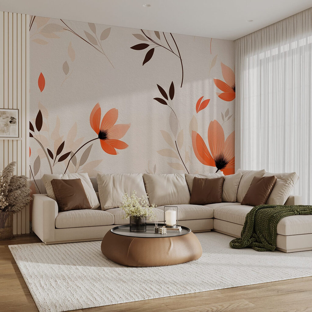 Wallpaper with flowers and leaves