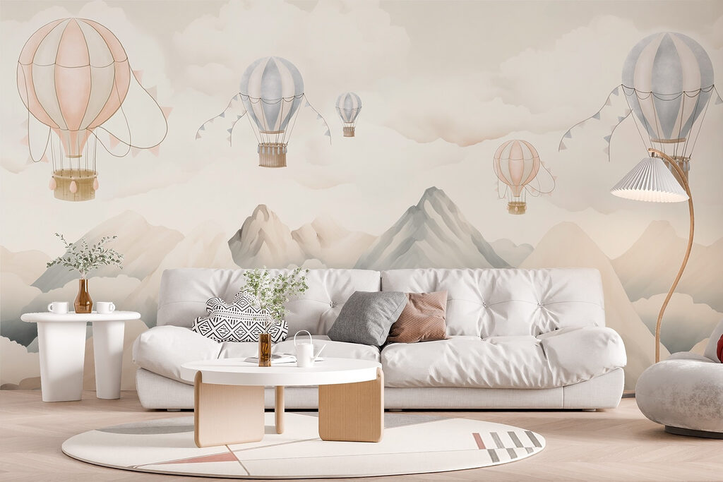 Group of hot air balloons in the sky above mountains Group of hot air balloons in the sky above mountains