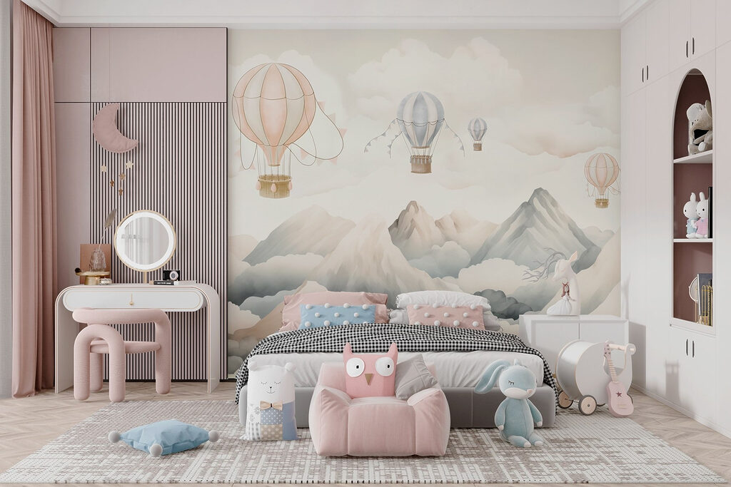 Group of hot air balloons in the sky above mountains Group of hot air balloons in the sky above mountains