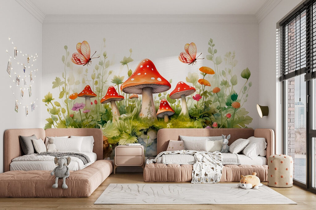 Painting of mushrooms and butterflies