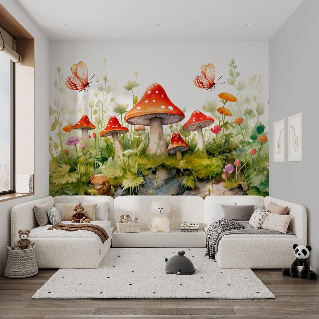 Painting of mushrooms and butterflies
