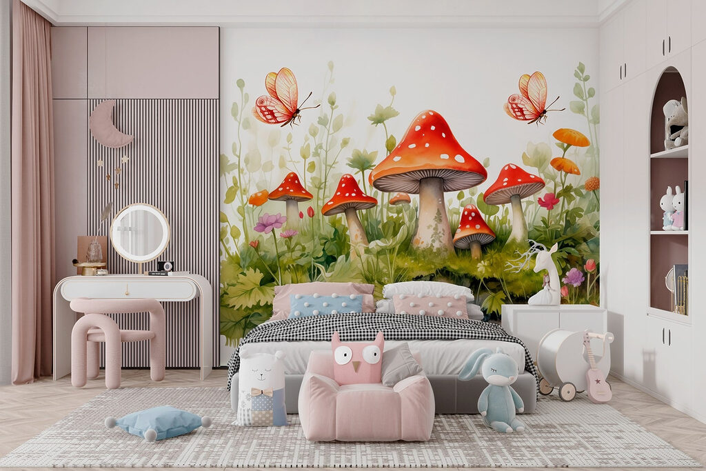 Painting of mushrooms and butterflies